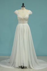 Simple Chiffon Ruffles Lace Wedding Dress Appliques Cap Sleeves V-neck Beadings Bridal Gowns On Sale-27dress